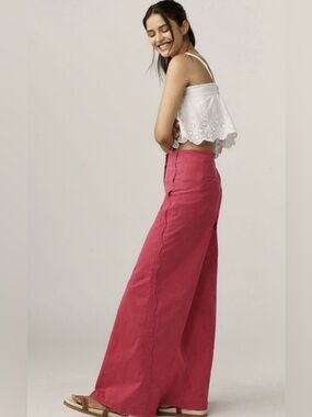 Anthropologie Maeve High-Waist Wide Leg Rose Brush Pants NWT